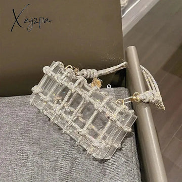 Diamond Clear Acrylic Box Evening Clutch Bags Women Boutique Woven Knotted Rope Rhinestone Purse
